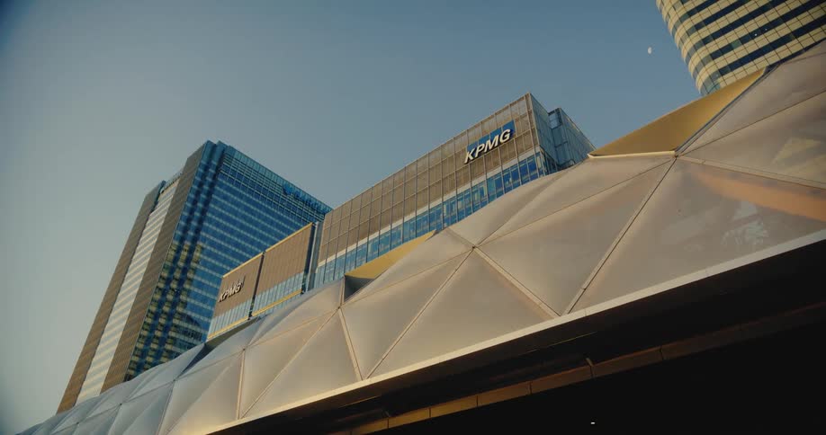 Close up of the facade of buildings in the city at morning