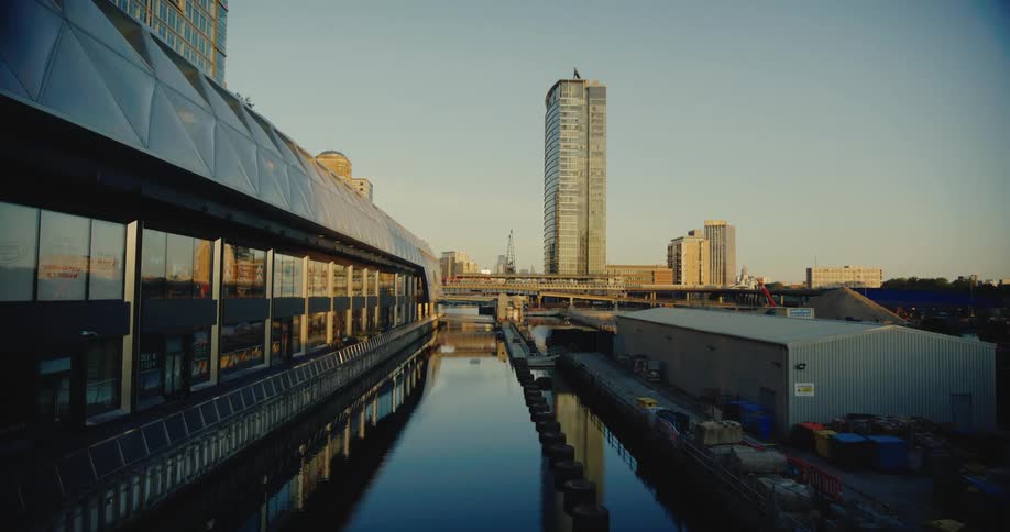 View of an urban region with buildings factories and lakes