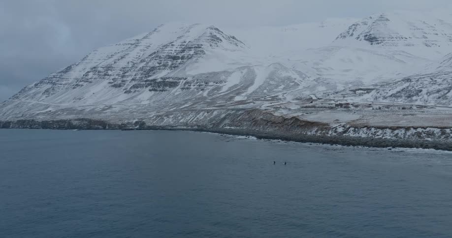 Two surfers on an arctic coast with mountains of ice and snow