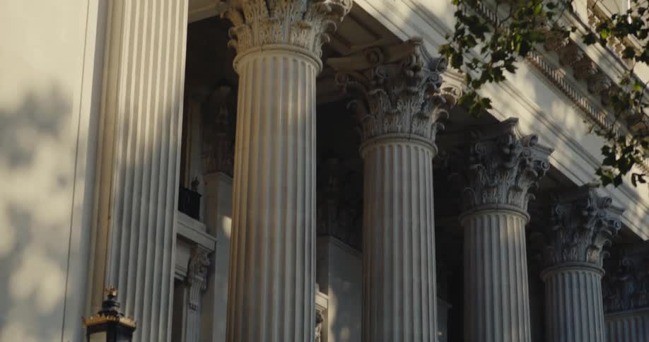 Columns with beautiful architecture stand on a building as a tree moves in the breeze