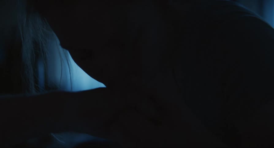 Silhouette of a woman kissing the hand of a person resting in a dimly lit bedroom