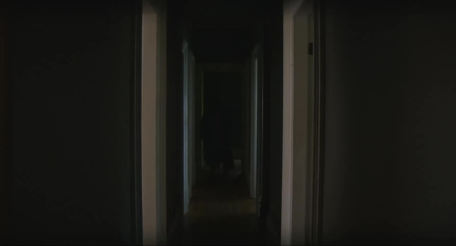 Person walks from one room to another through shadowy hallway