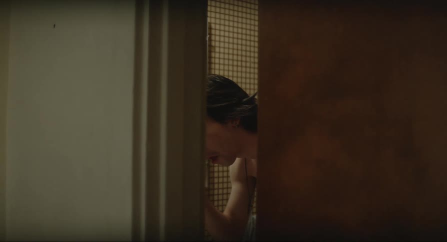 A young man in a bathroom fixing his hair and closing the door