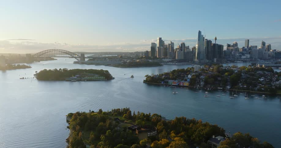 Aerial view of a coastal metropolis with islands and bridges