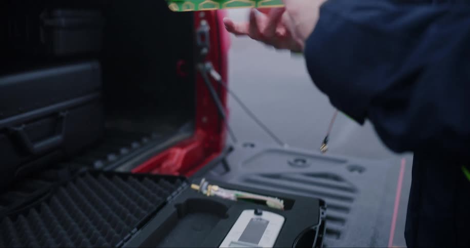 A man is standing at the back of his pickup truck as he opens a black box and assembles his gadgets