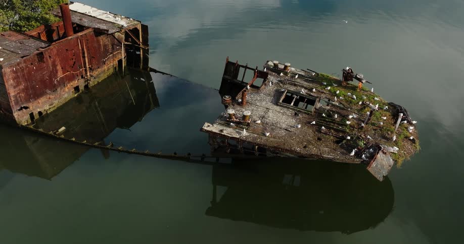 Ship stranded in a lake with birds perched on top