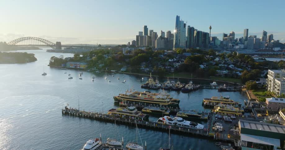 Sydney harbor bridge with boats sailing and in the marina as towers and skyscrapers stand on the city skyline