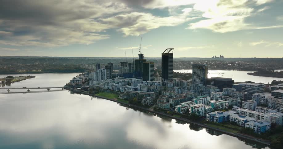 A city with building names on an island surrounded by a lake