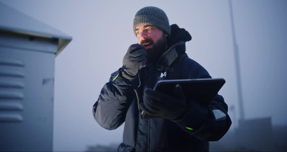 A man in cold weather clothing talking on a radio while looking at a tablet