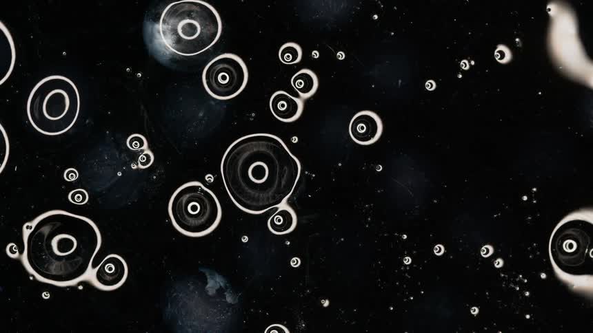 White blobs of floating ink come into focus against a black bacground