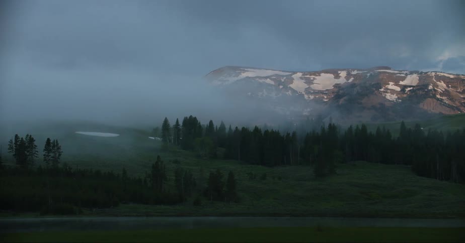 A foggy landscape with a tree filled hillside and a snowy mountain in the background