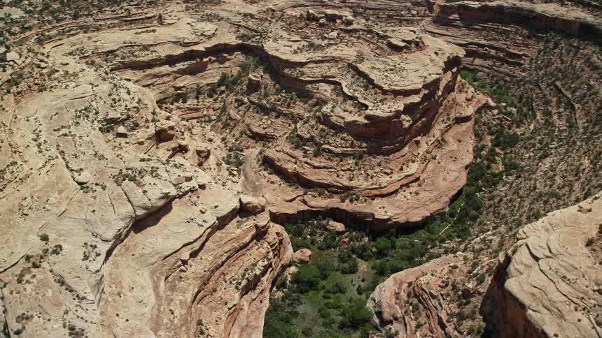  aerial footage showcasing the approach to a lush green canyon in the desert panning to reveal a box canyon on Cedar Mesa Utah