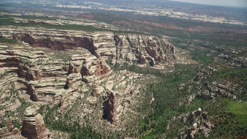an aerial view of a canyon's rock formations and lush trees as the camera pans right in Manti-La Sal National Forest Utah