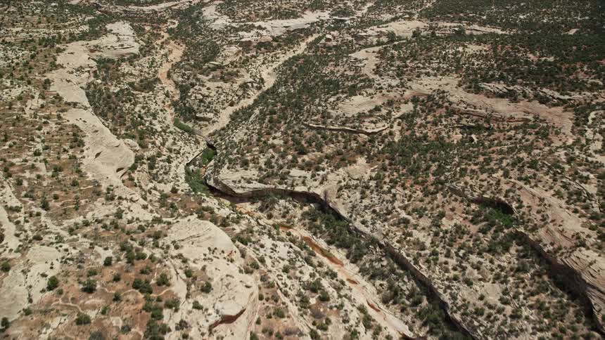 an aerial view of desert canyons in Natural Bridges National Monument Utah during a sunny day