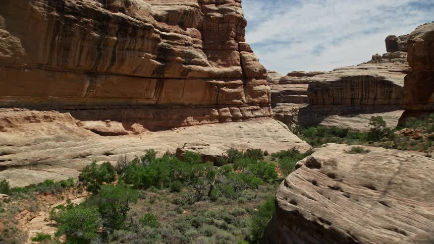 an aerial journey through the majestic Grand Gulch canyon in the arid landscapes of Utah showcasing green shrubs and sunshine