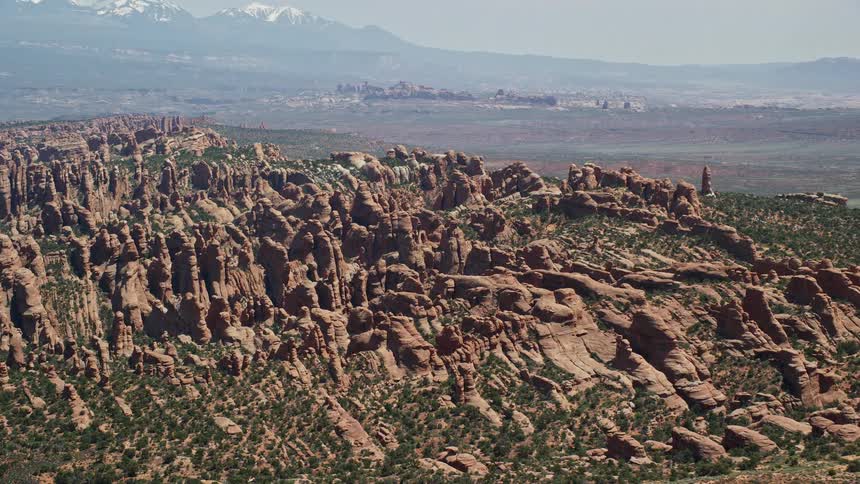 Stunning aerial view of rock formations in Devil's Garden Arches National Park Utah during the sunny day