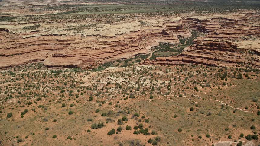 Aerial footage flies over an arid red rock canyon with a mesa in Cedar Mesa Utah