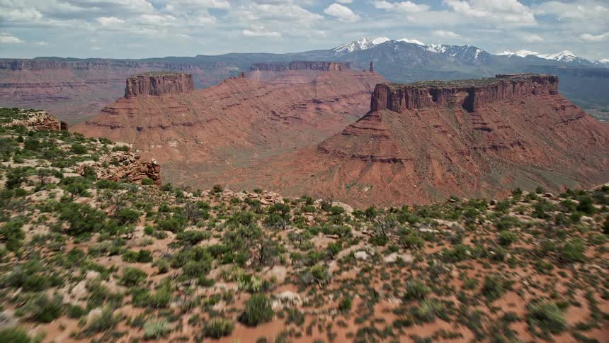an aerial view of Dry Mesa vegetation with towering buttes and Parriott Mesa showcasing the stunning desert landscape of Moab Utah in the summertime