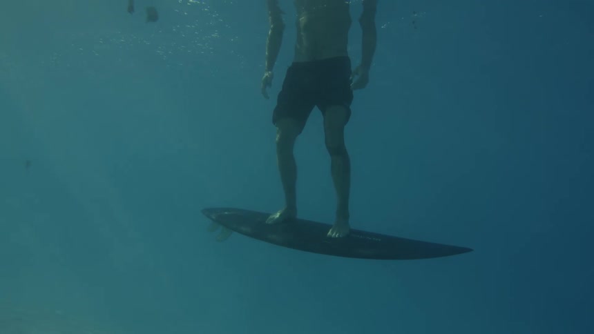 View from inside the sea of legs on top of a surfboard in a blue sea
