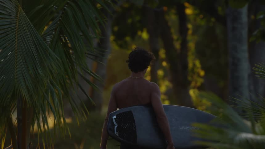 A young man is walking in a tropical area at sunset while carrying his surfboard