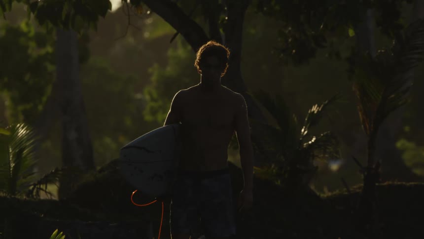 A silhouette of a male surfer with a surfboard in hand
