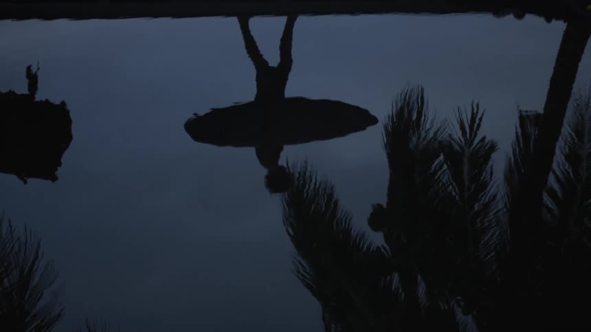 Reflection in a lake of a man walking and holding his surfboard