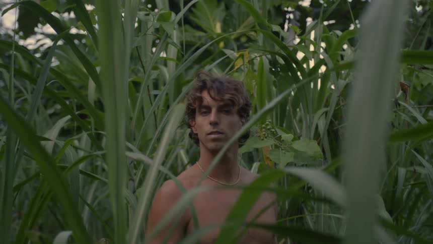 Young shirtless man surrounded by tropical vegetation