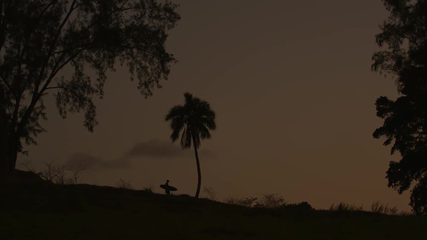 Tropical landscape with morning sunlight rays and in the background a person walking with a surfboard