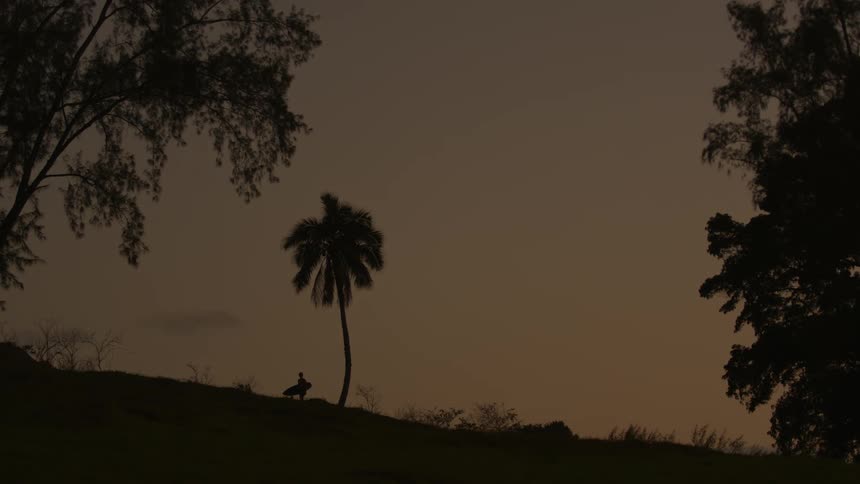 A man is carrying a surfboard in the distance