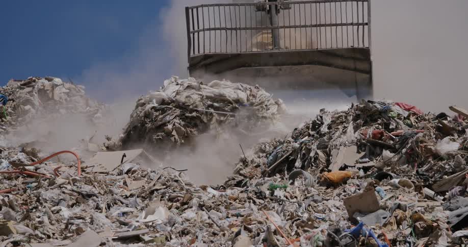 A truck pushes trash into a landfill at the dump