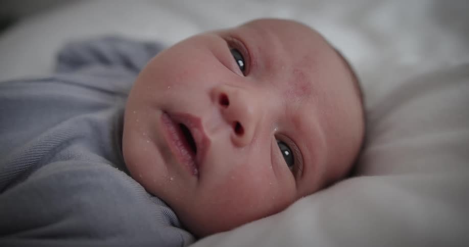Newborn baby lying down looking around indoors with his head against a white pillow