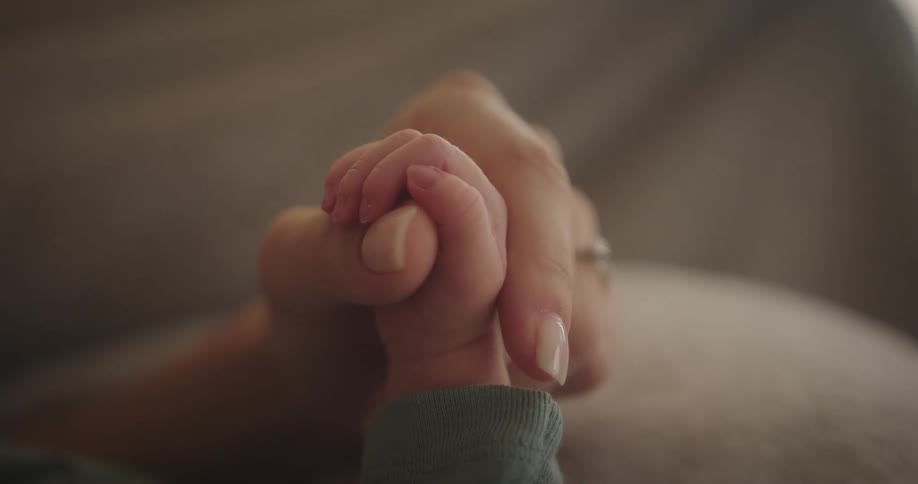 A parent holds their babys hand