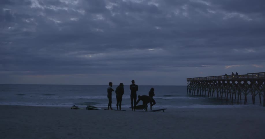 Five surfers standing next to the water's edge with their boards