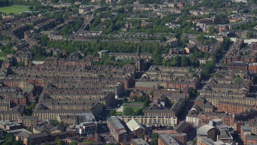 Aerial view of neighborhood and treetops