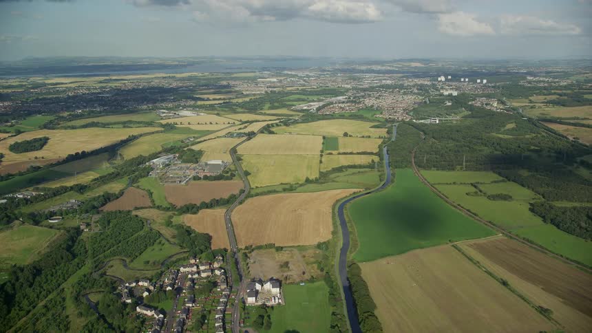 Aerial view of suburbs of a small farm town in the plains