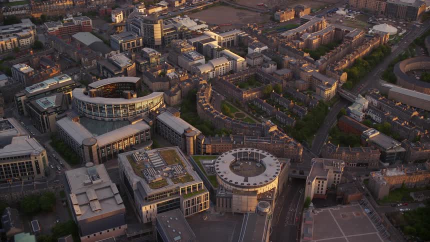 Aerial view of a metropolitan area with towering buildings