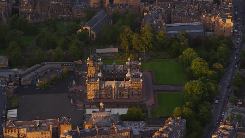 Aerial of a church with classical architecture in an urban city