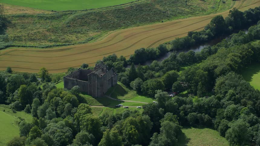 Aerial of the castle in a small rural town