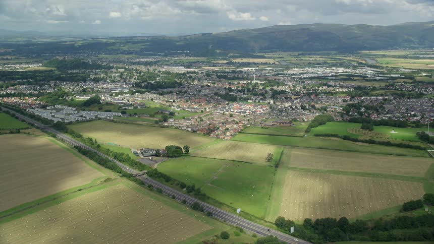Aerial view of suburbs of a small farm town in the plains