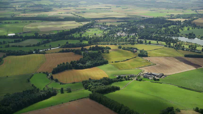 Aerial of a rural town with fields of plantations