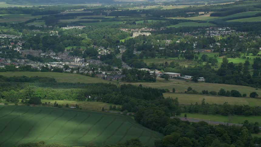 Aerial view of a small town in the countryside hills