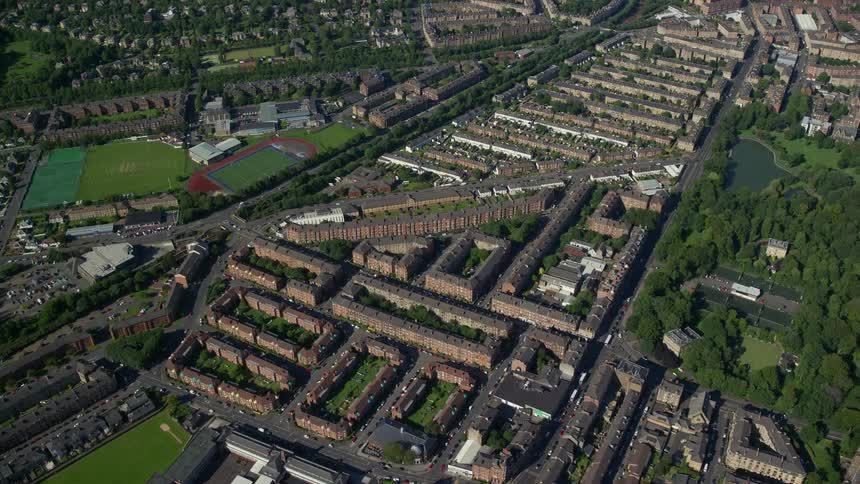 Aerial footage shows several buildings and roads in this lovely town