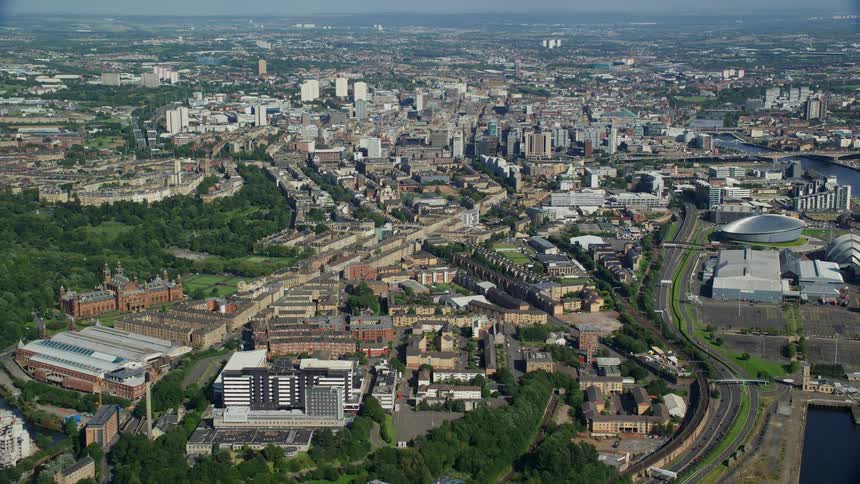 Urban city aerial with bay and port area