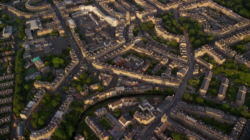 Aerial view of an urban area with green spaces
