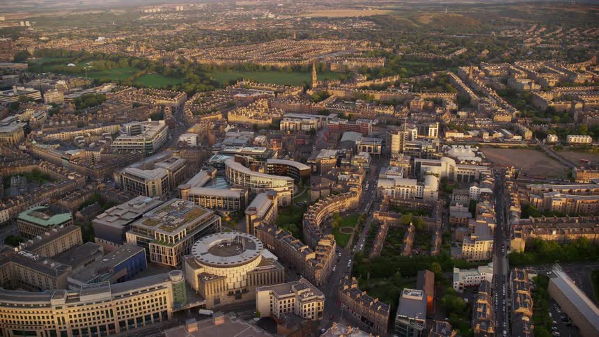 Aerial view of a beautiful european city at sunset