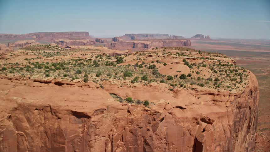 Trees and plants grow on a mesa plateau in the desert badlands