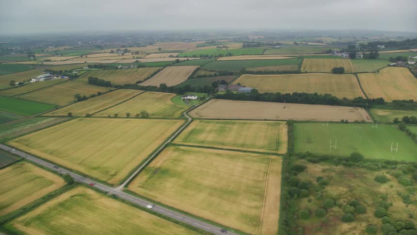 Aerial view of farm fields in the countryside
