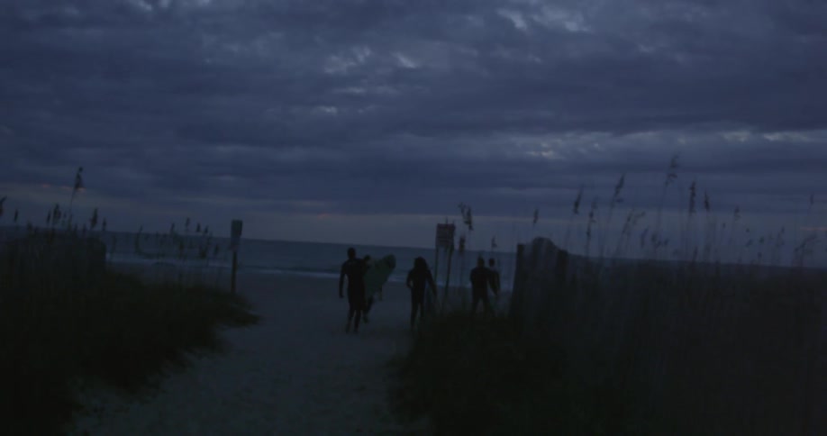 Group of people holding surfboards walk towards the water at night