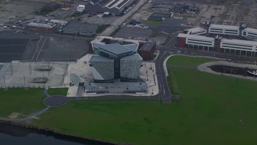 Aerial view of a public area with innovative architecture by the seaside