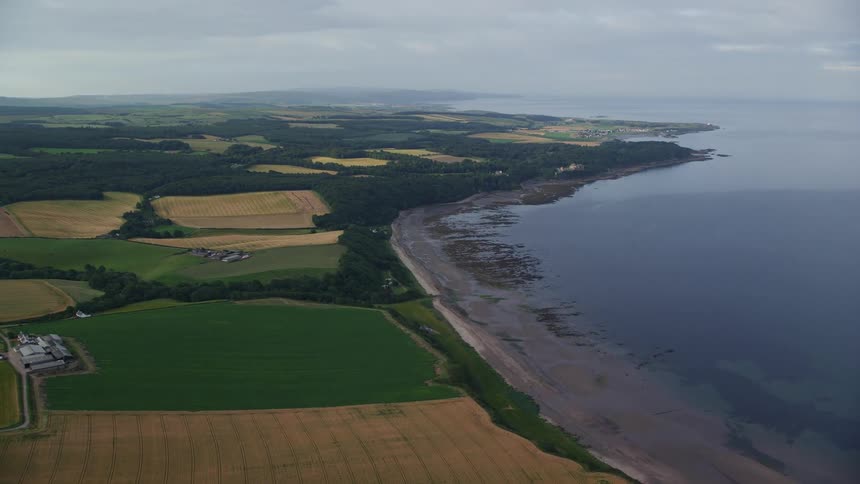 Aerial view of coastal farm fields next to a lake at daytime